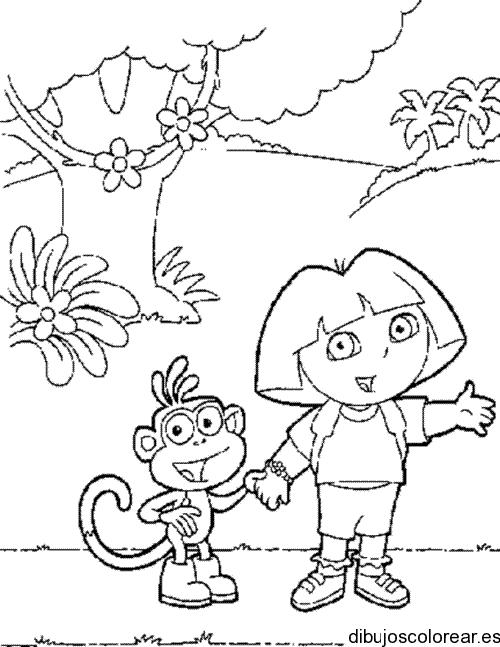 Dibujo de Dora dándole la mano a Botas 
