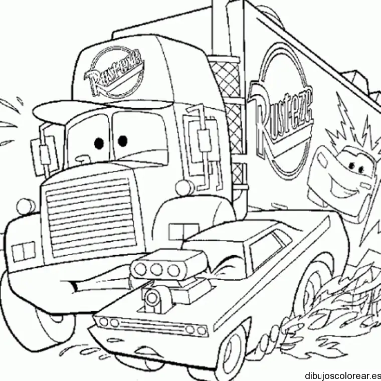 Dibujo de un camión con un coche en el tráfico