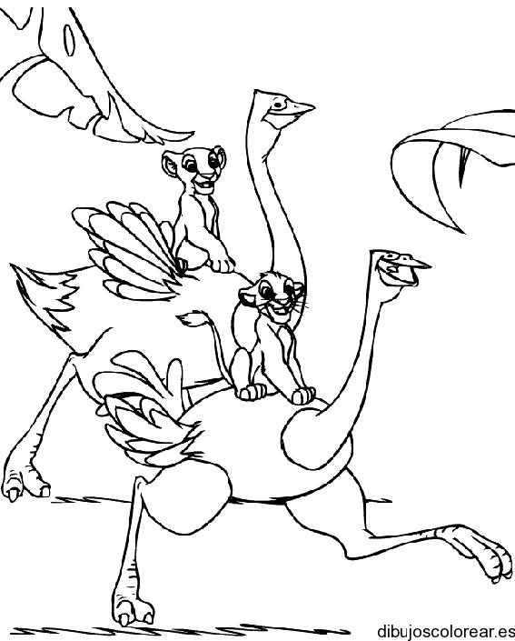 Dibujo de avestruces y leones paseando