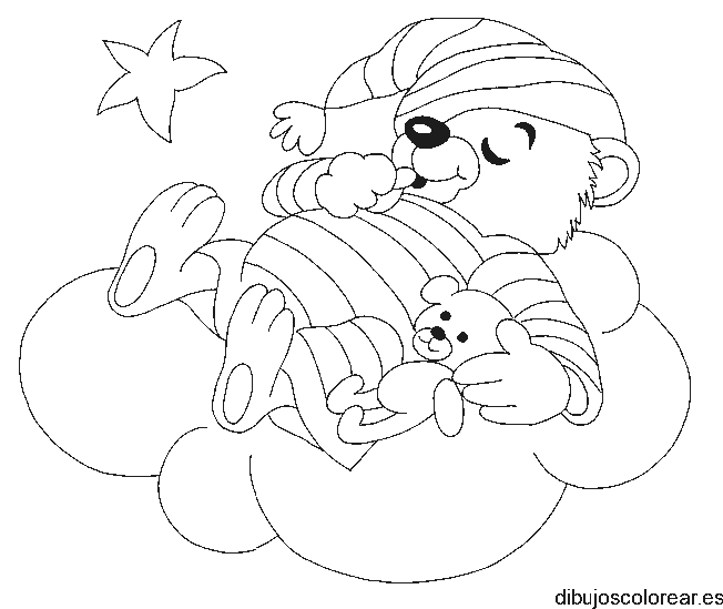 Dibujo de un oso con pijama sobre nubes