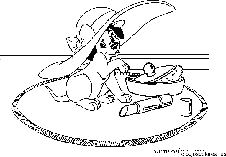 Dibujo de un perro con sombrero en la alfombra