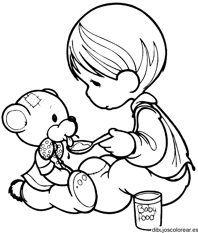 Dibujo de un niño alimentando un osito