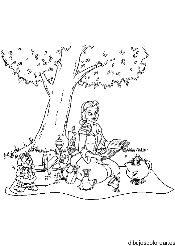 Dibujo de Bella leyendo bajo un árbol