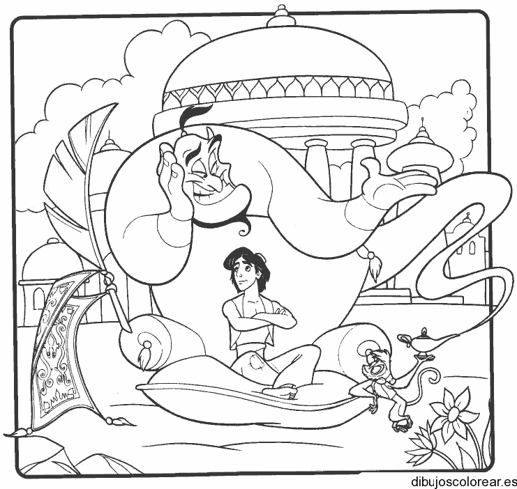 Dibujo de Genio y Aladino en la ciudad