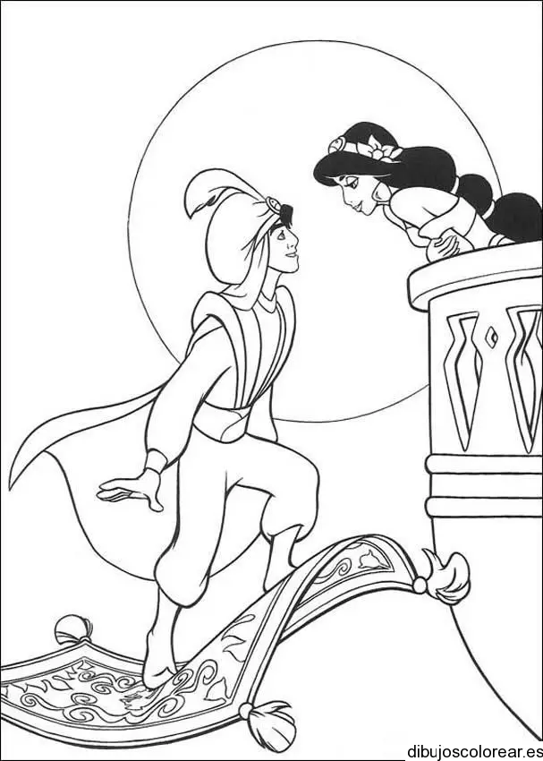 Dibujo de Jazmin y Aladin en el balcón