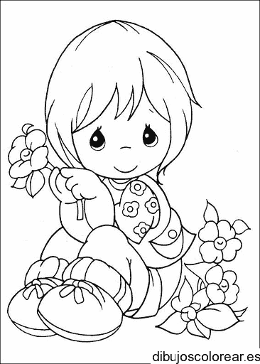 Dibujo de una niña en el jardín con flores