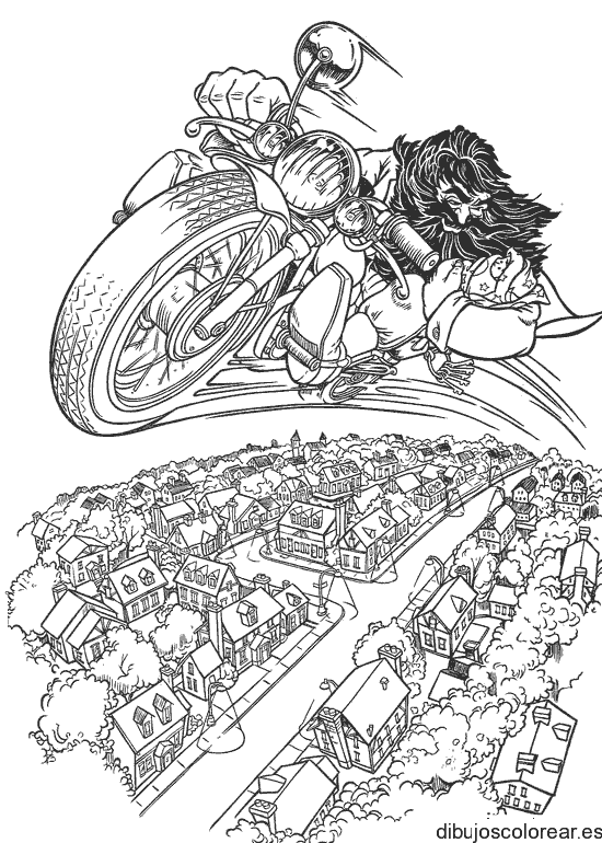 Dibujo de un motorista sobre una ciudad
