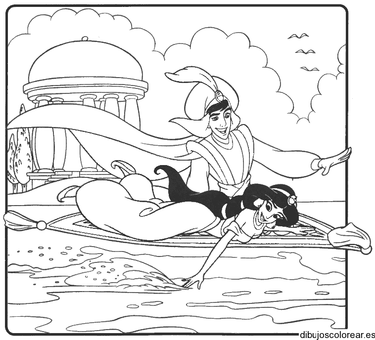 Dibujo de Aladin y Jazmin sobre la alfombra voladora
