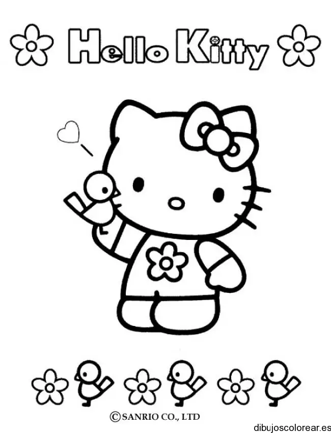 Dibujo de Hello Kitty con un pájarito