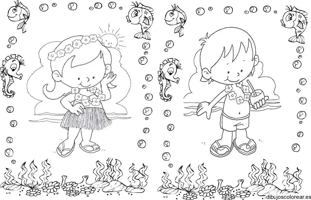 Dibujo de niños en la playa con peces