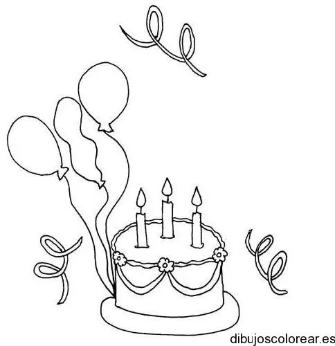Dibujo de una tarta de cumpleaños y globos