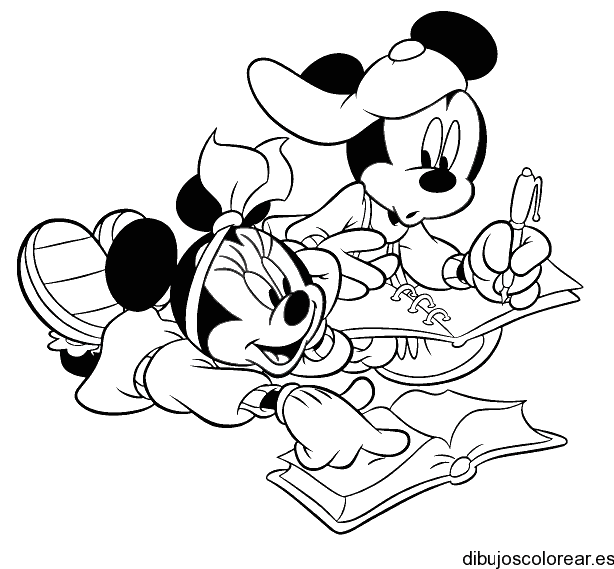 Dibujo de Mickey y Minnie haciendo la tarea