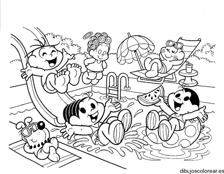 Dibujo de chicos en la piscina
