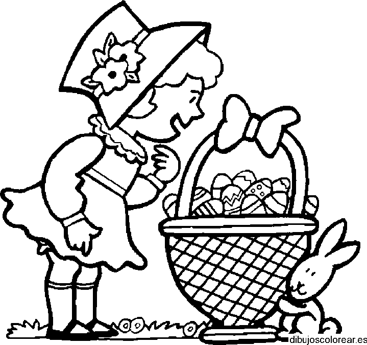 Dibujo de niña y una cesta con huevos pascua