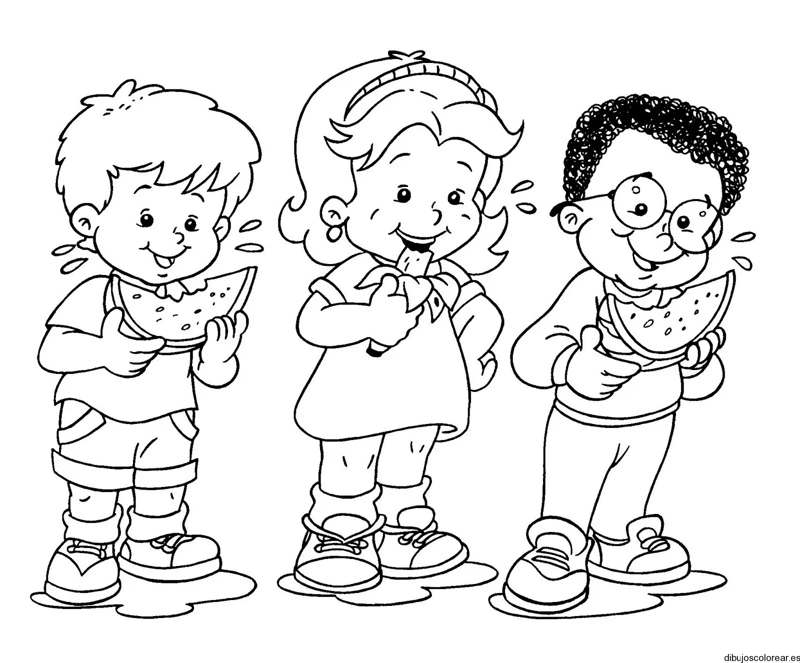 Dibujo de tres niños comiendo frutas
