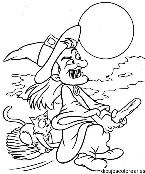 Dibujo de una bruja y un gato en una escoba