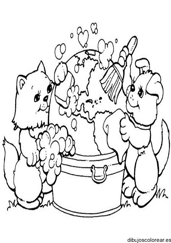 Dibujo de un gato y perro limpiando