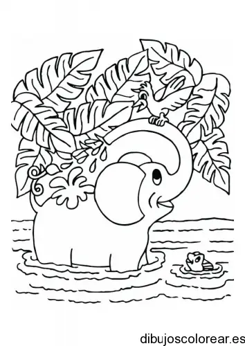 Dibujo de un elefante con un ave banándose