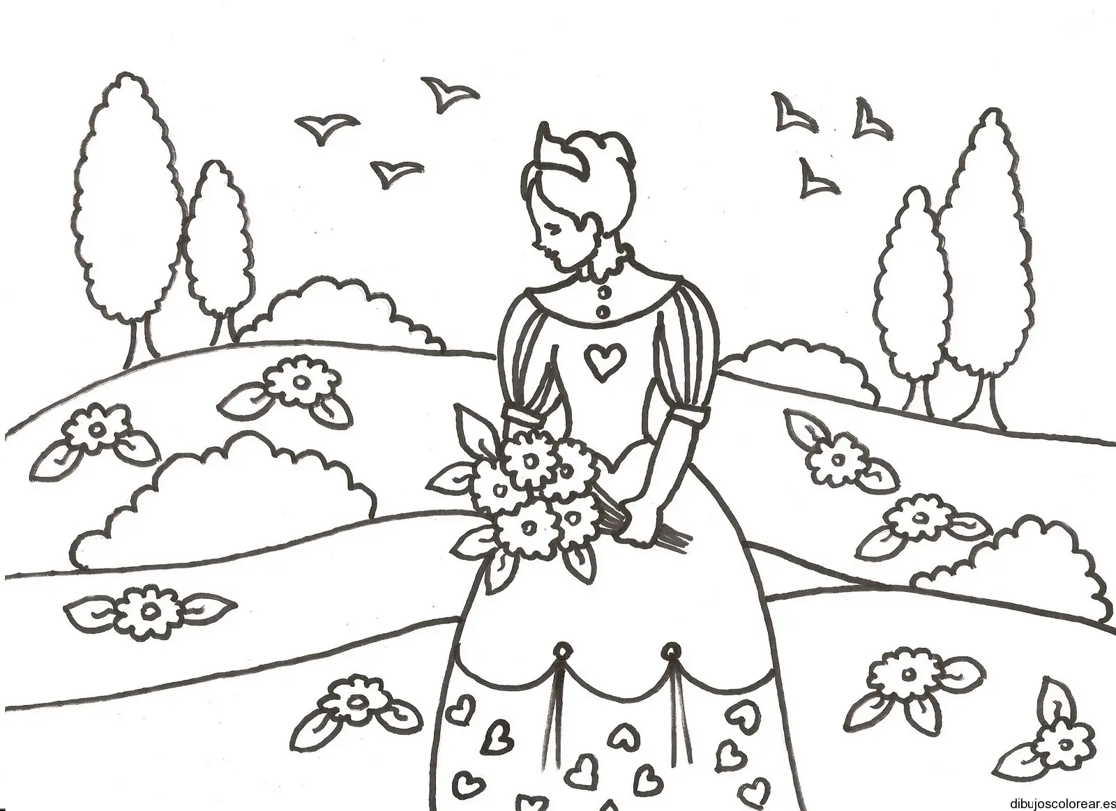 Dibujo de una princesa cortando flores