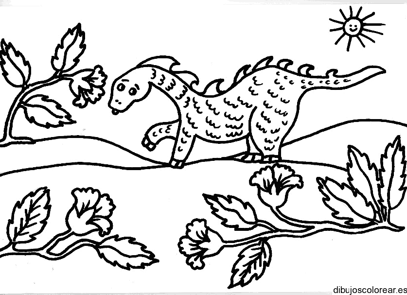 Dibujo de un dinosaurio corriendo en las flores