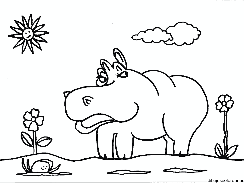 Dibujo de un hipopótamo y dos flores
