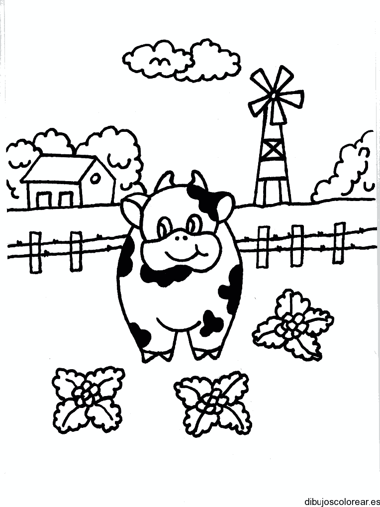 Dibujo de una vaca y un molino de viento