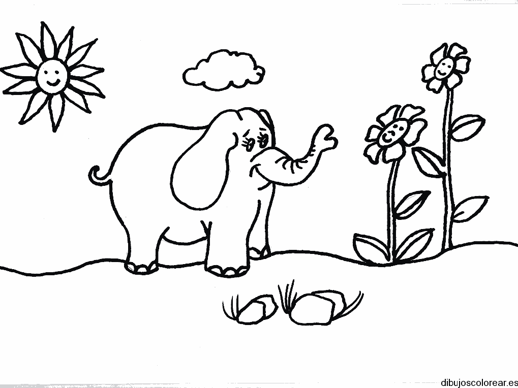 Dibujo de un elefante observando las flores