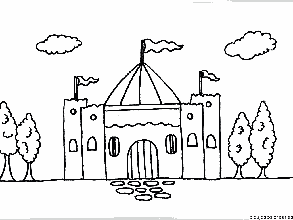 Dibujo de un castillo con arboles a los lados