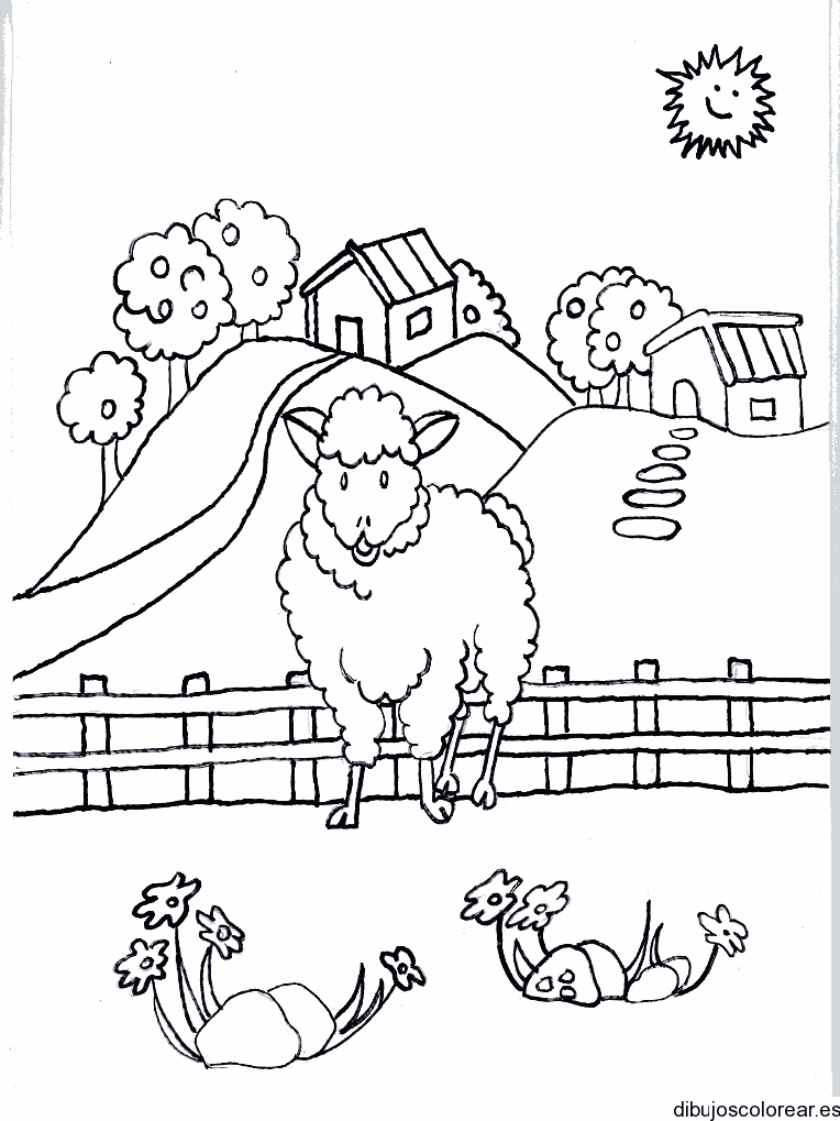 Dibujo de una oveja frente a las montañas