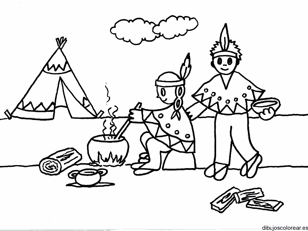 Dibujo de dos niños indios cocinando