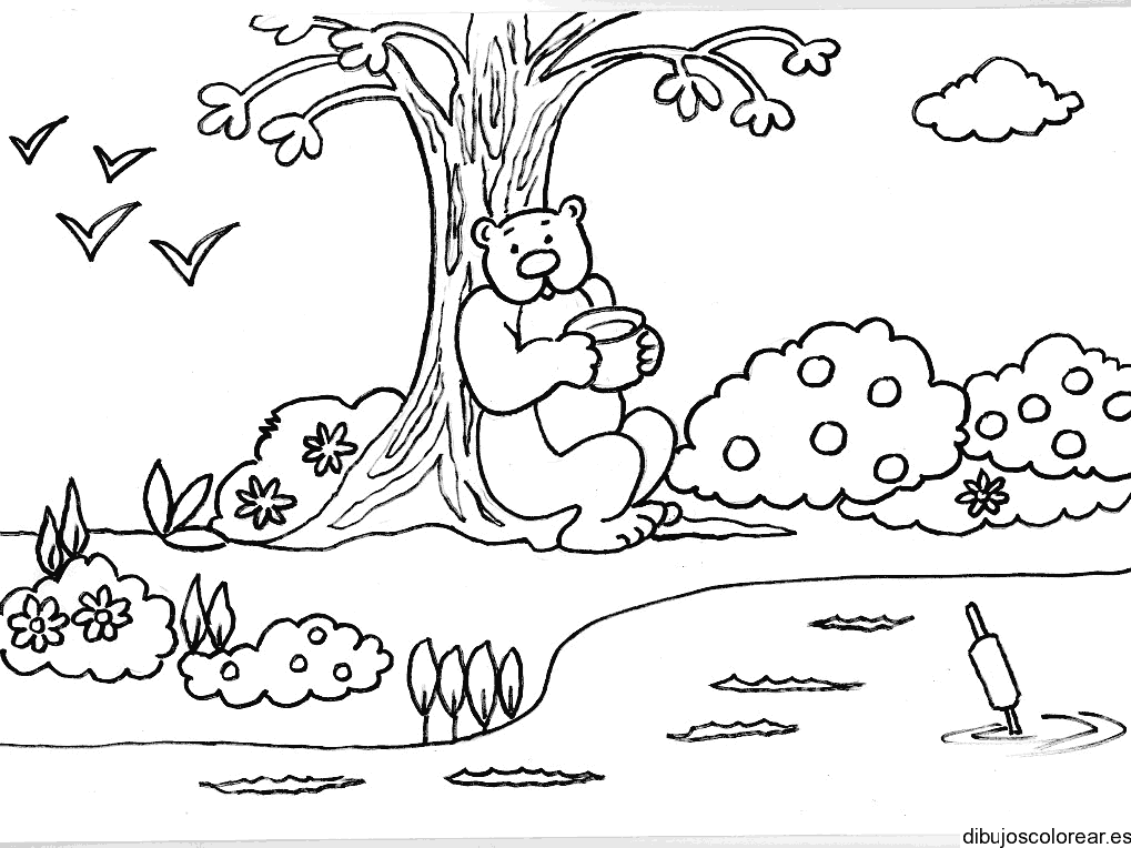 Dibujo de un  oso descansando bajo un árbol
