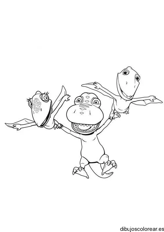 Dibujo de tres pequeños dinosaurios jugando 