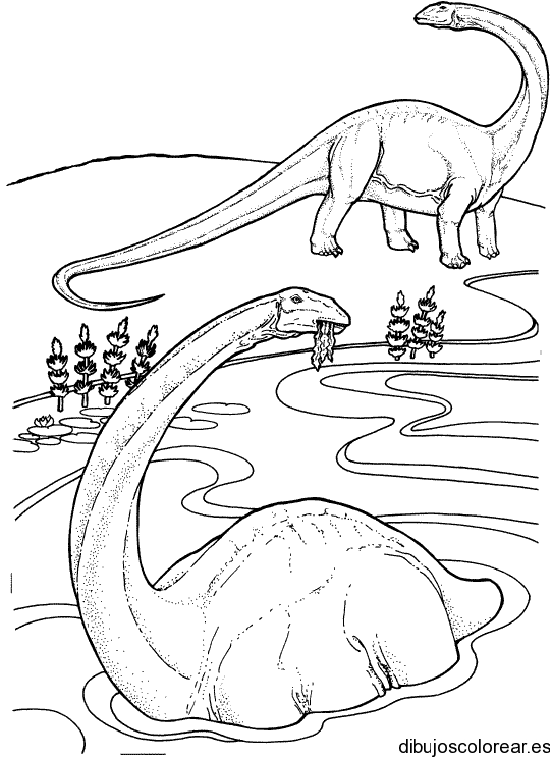 Dibujo de dos dinosaurios en un lago