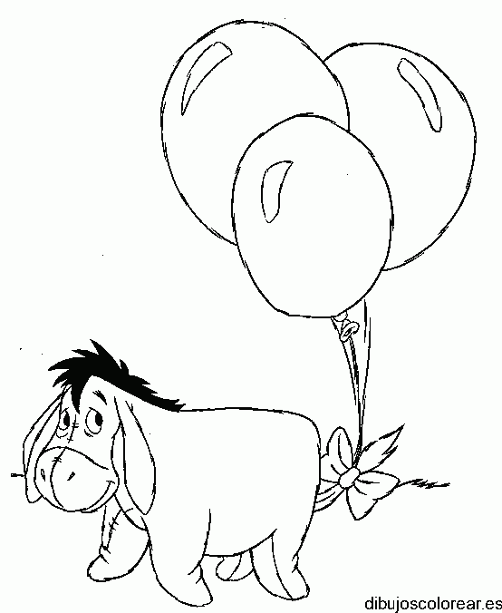 Dibujo del burro Igor jugando con globos