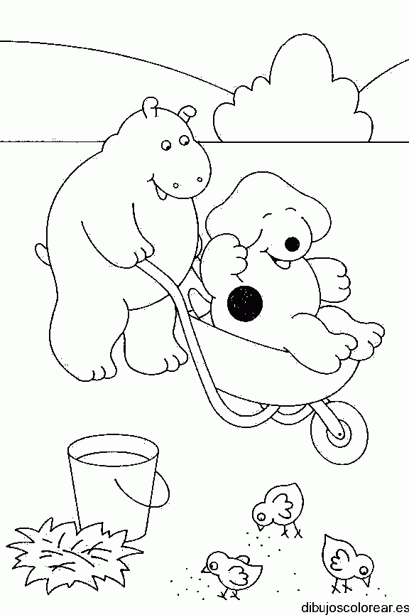 Dibujo de un perro jugando con un hipópotamo