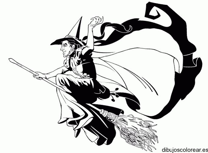 Dibujo de una bruja volando en el cielo