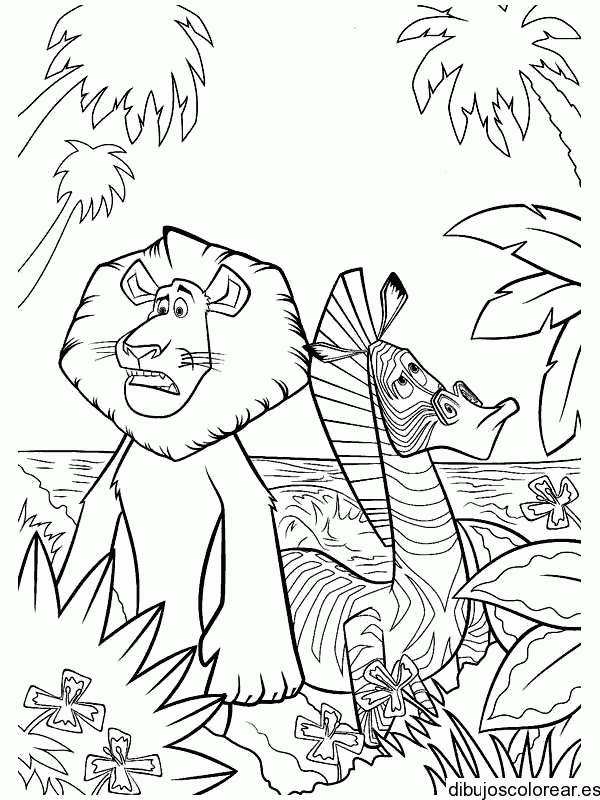 Dibujo de la cebra y el león entre palmeras
