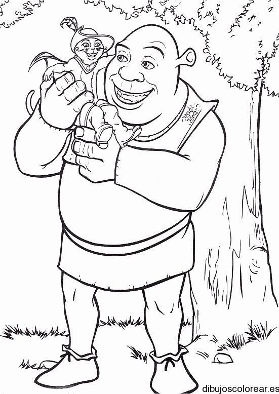 Dibujo de Shrek y el Gato con botas sonriendo