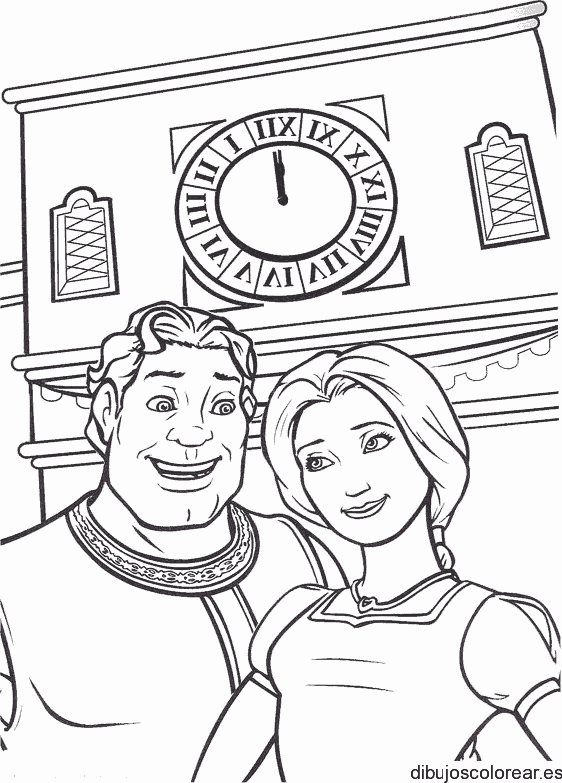 Dibujo de Fiona y Shrek con un reloj