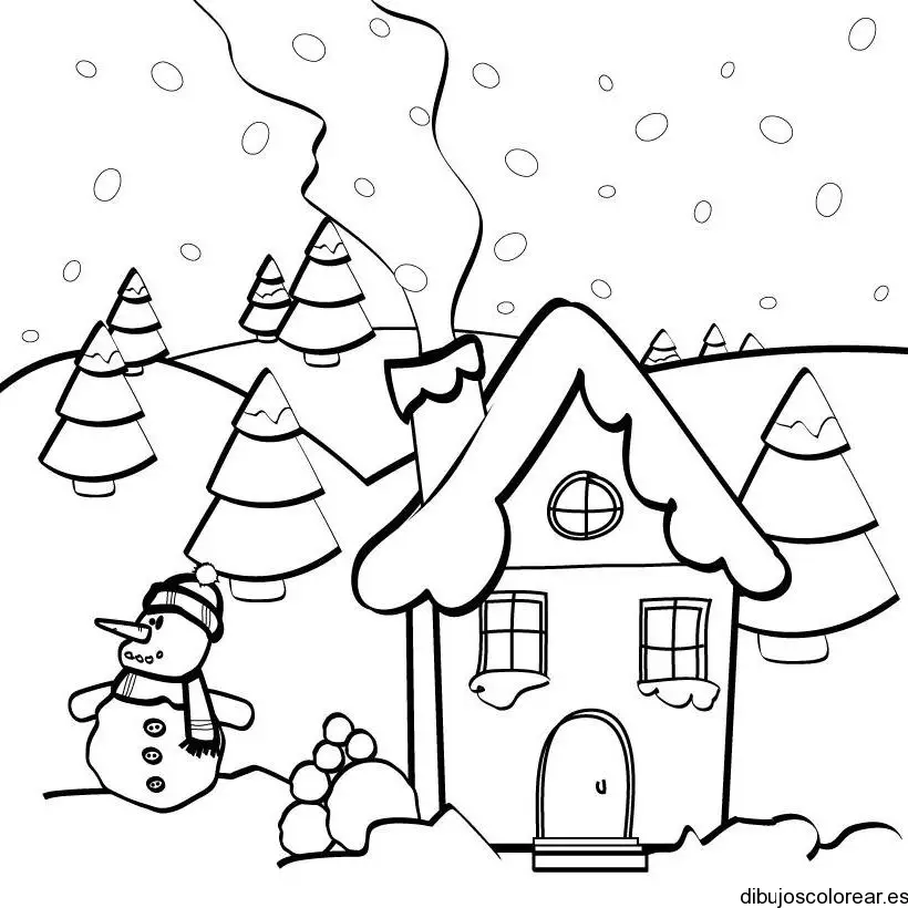 Dibujo de una casa y un hombre de nieve