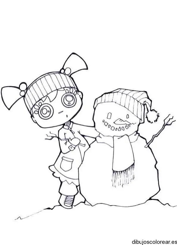 Dibujo de una niña haciendo un hombre de nieve
