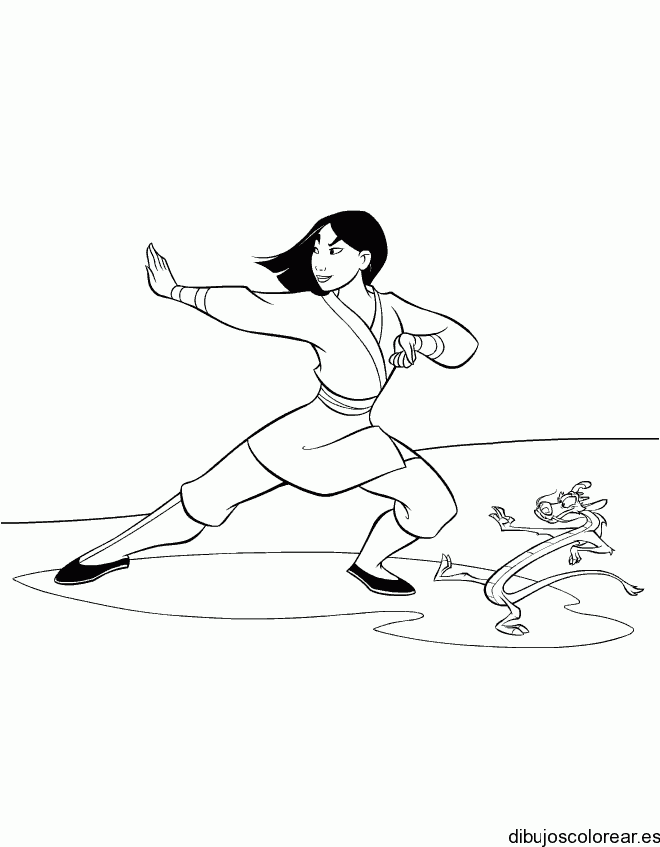 Dibujo de Mulan practicando