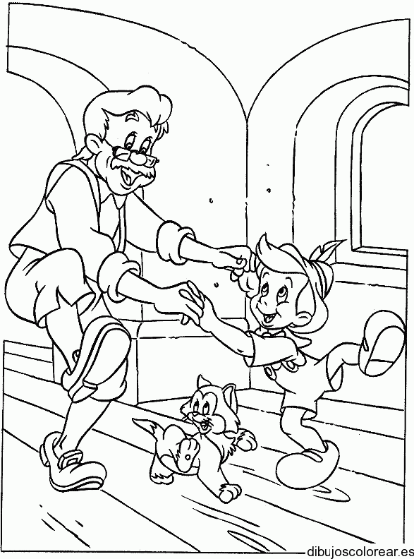 Dibujo de Pinocho bailando con Gepetto