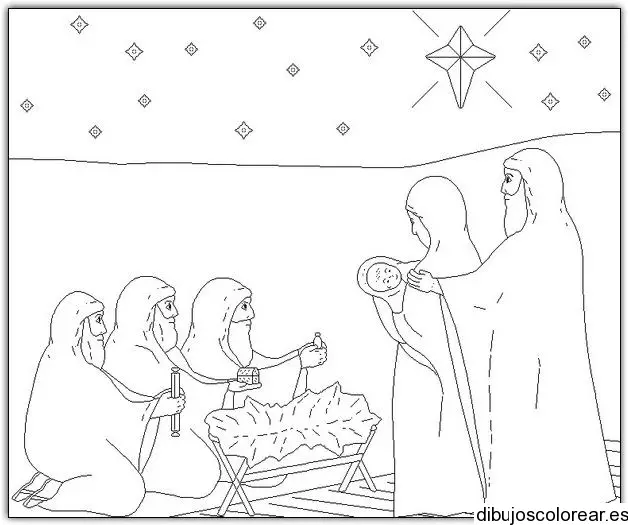 Dibujo de los tres reyes magos y Jesús