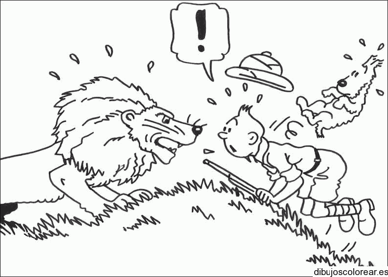 Dibujo de Tin Tin y un león