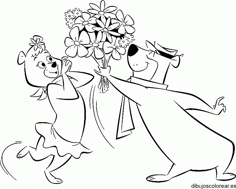 Dibujo de Yoggi regalando flores