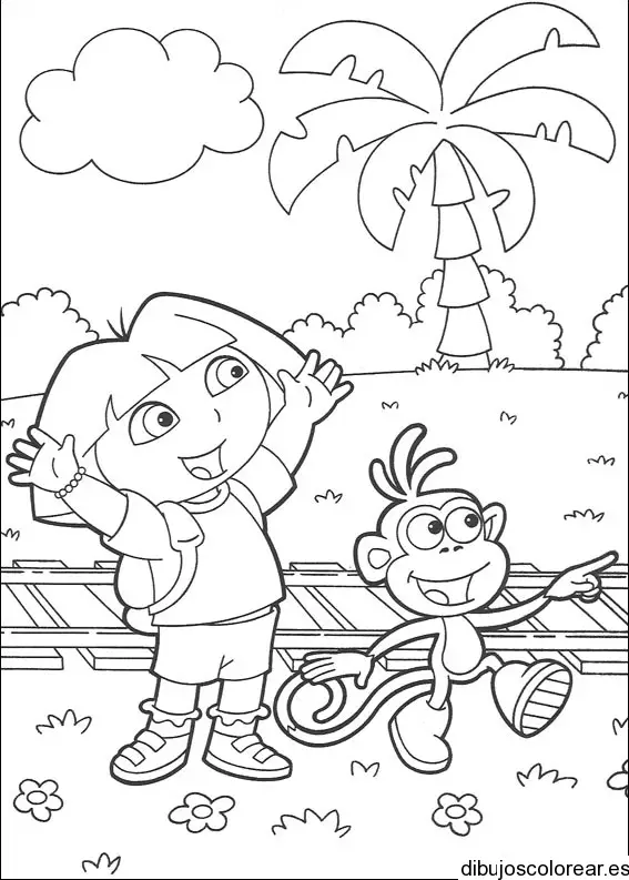 Dibujo de Dora la exploradora en la vía del tren