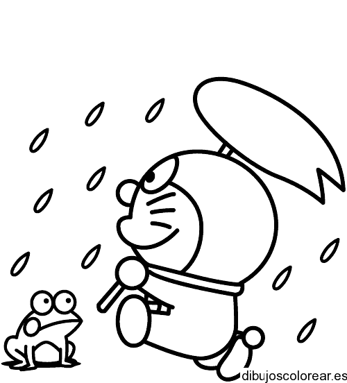 Dibujo de Doraemon bajo la lluvia