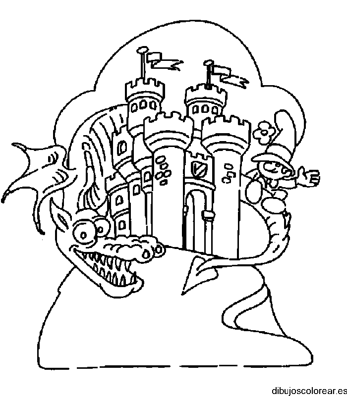 Dibujo de un dragón y un castillo
