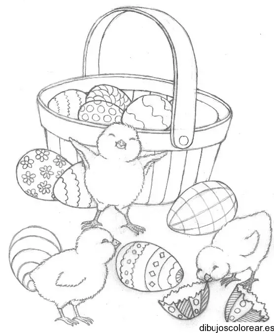 Dibujo de pollitos y huevos de pascua